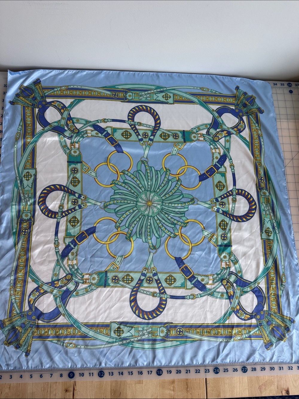 Light Blue Decorative Silk-Feel Square Scarf with Equestrian Chain Motif